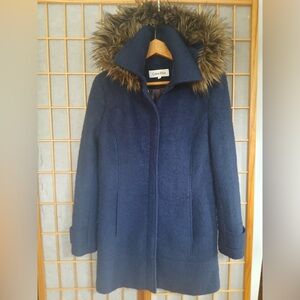 Calvin Klein - Women's Navy Blue Wool Coat with Removable Faux Fur Hood - Size 6